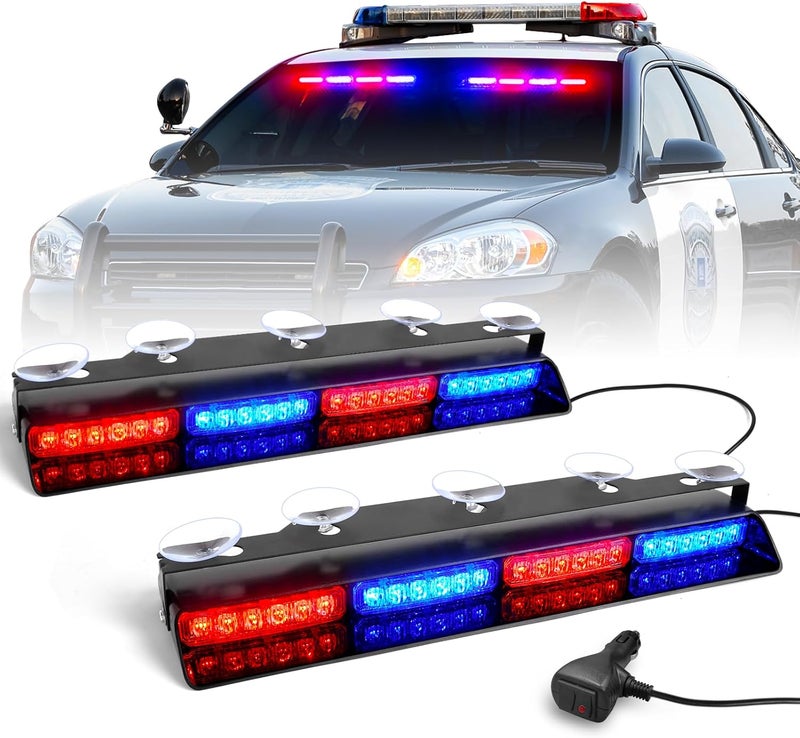 HLauto 6Z4J Emergency Dash Strobe Lights: 2x16.8 inch Red Blue Safety Lights, 48 LED Flashing Warning Hazard Interior Windshield Visor Traffic Light Bar for Trucks, Construction Vehicles - Image 1